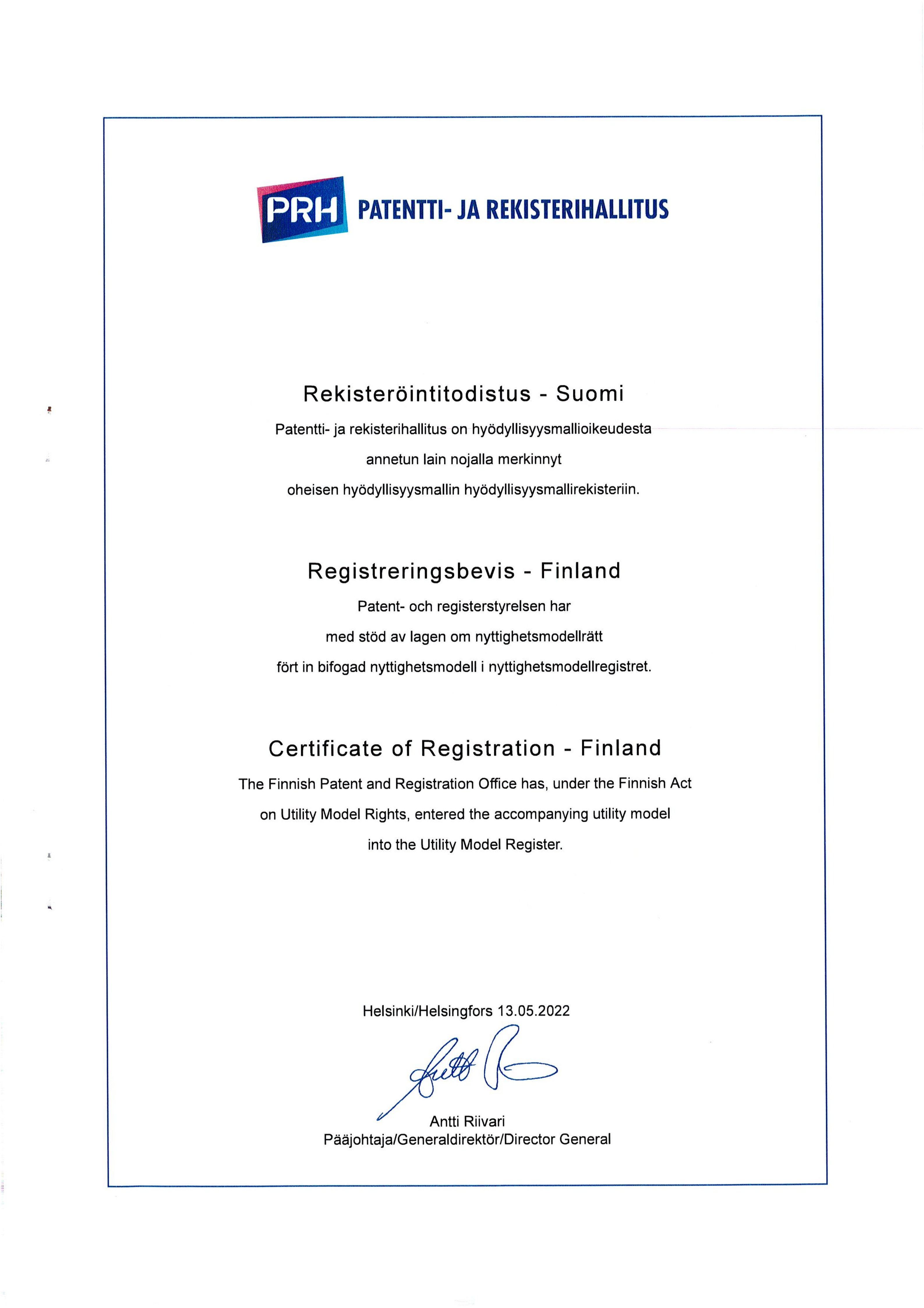 Finnish Certificate of Registration