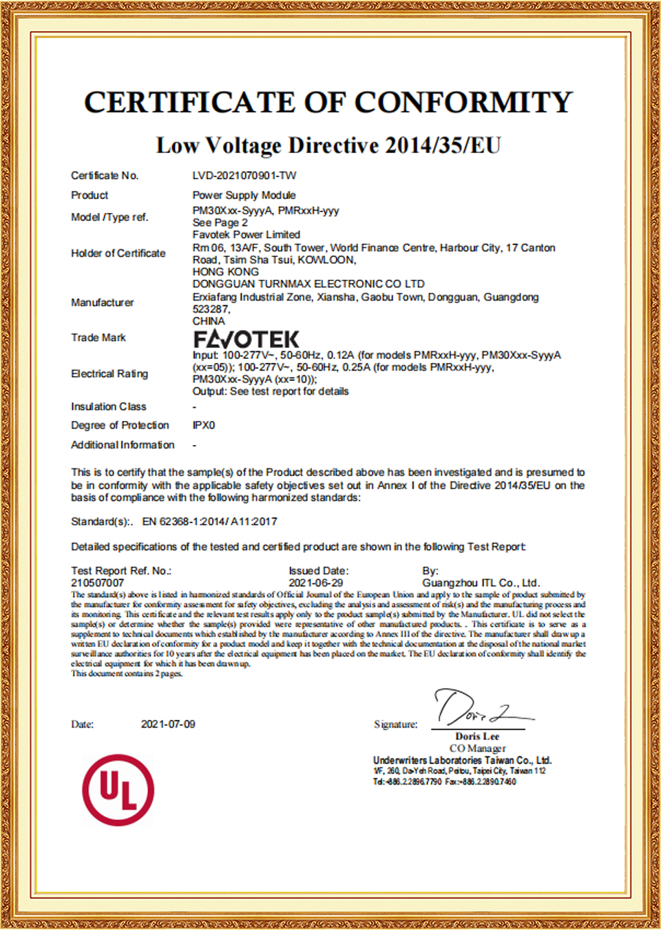 UL CERTIFICATE OF CONFORMITY