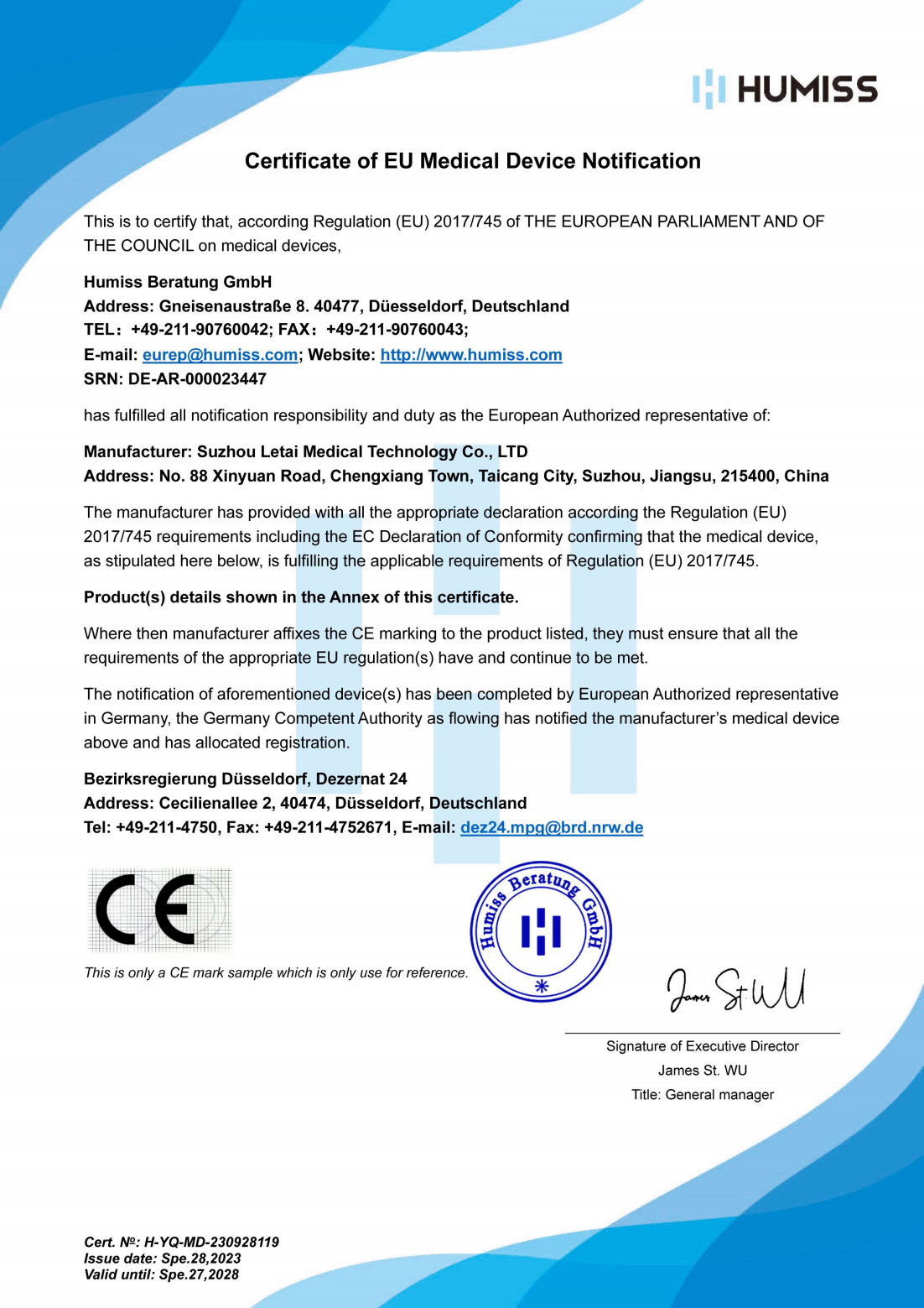 Certificate of EU Medical Device Notification