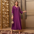 بنفش دست دوز خالص بدلیجات کتانی جامد مهمانی شب زنانه لباس مسلمان منگوله Jalabiyat مراکشی Caftan V-Neck Abaya1