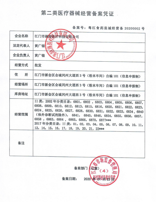 The second type of medical device business record certificate