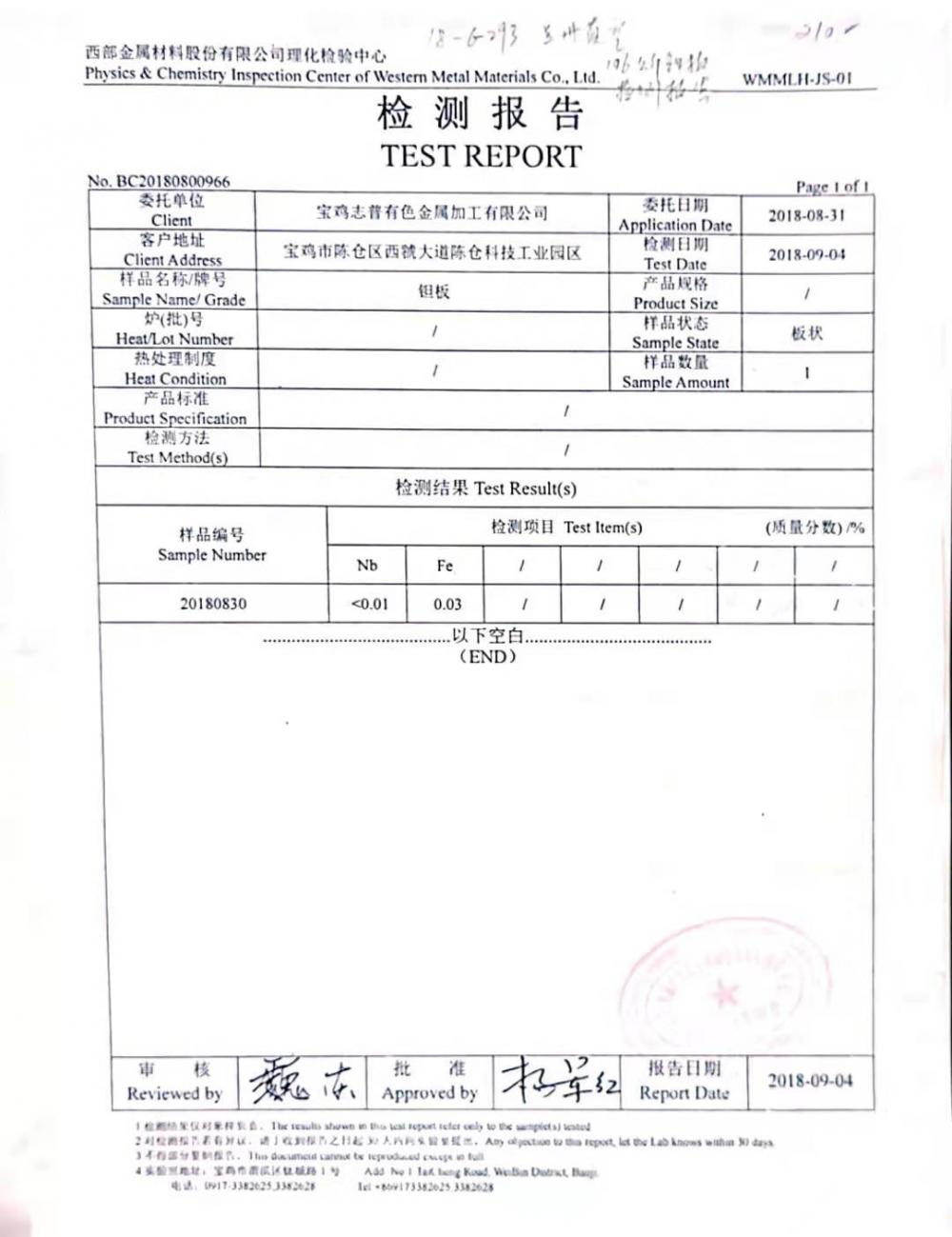 Tantalum Plate Test Report 