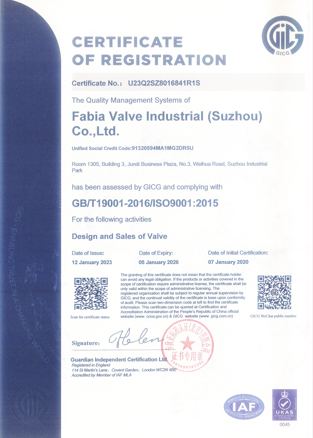 ISO9001 CERTIFICATE OF REGISTRATION