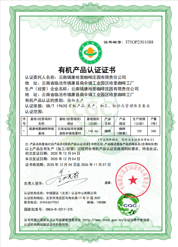 Organic Product Certification Certificate​