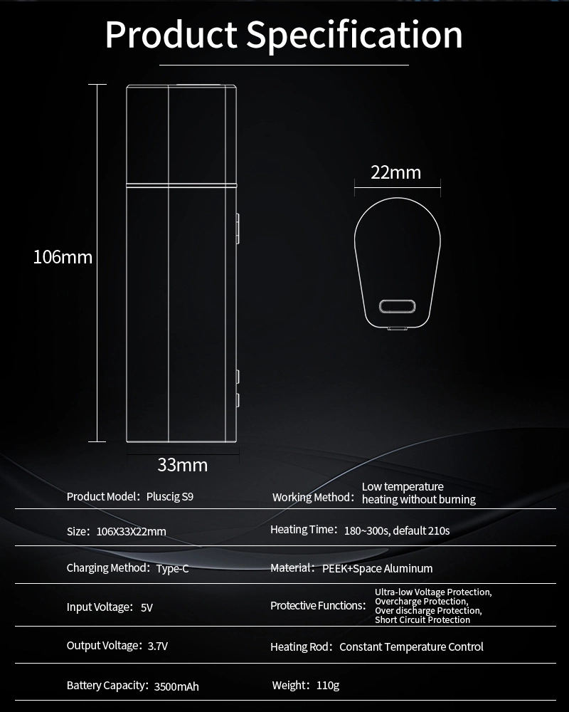 2021 Heat Not Burn Device Pluscig S9 OLED Display 3500mAh E-Cigarette Heating Device