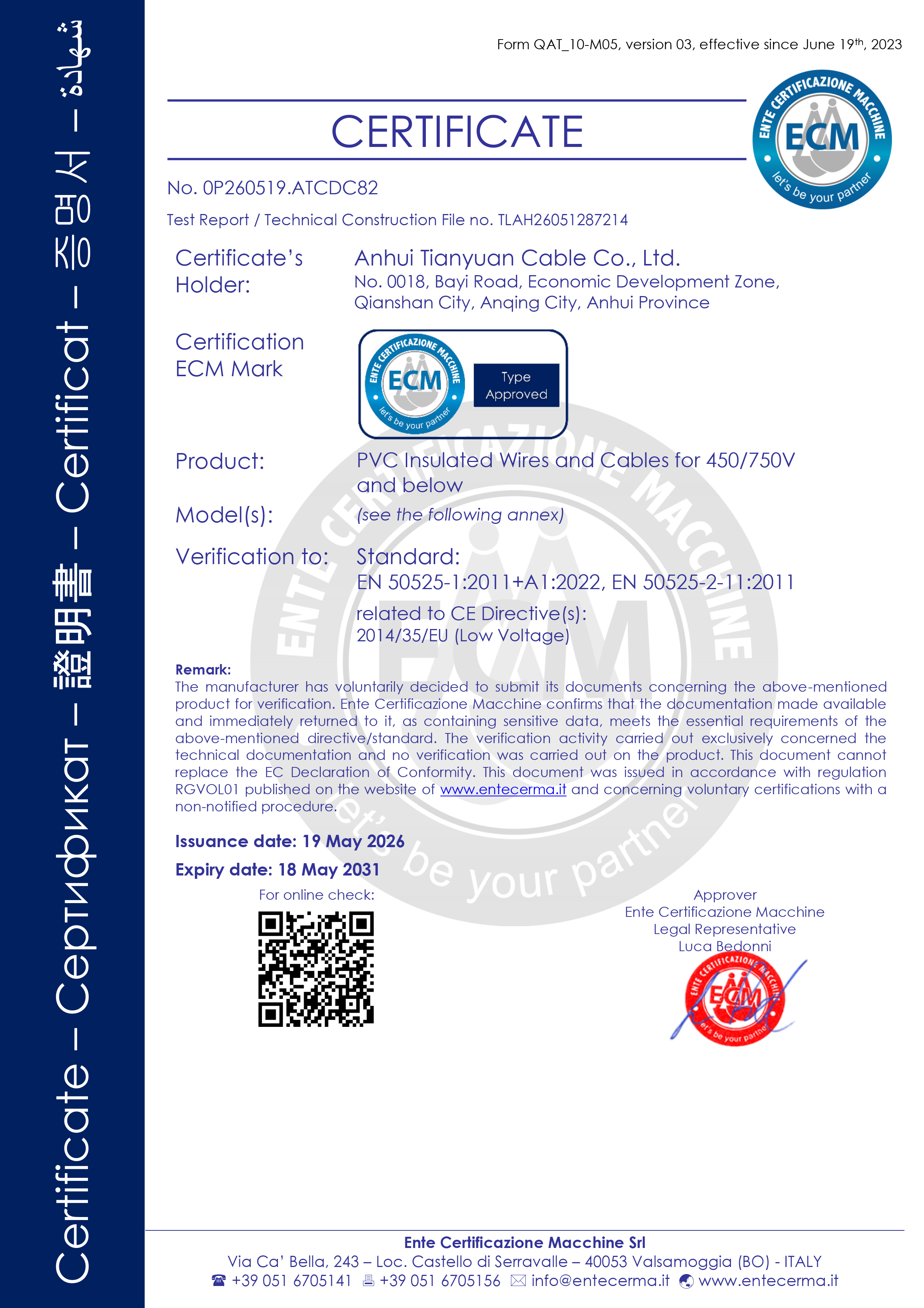 CE certificate for PVC insulated cables