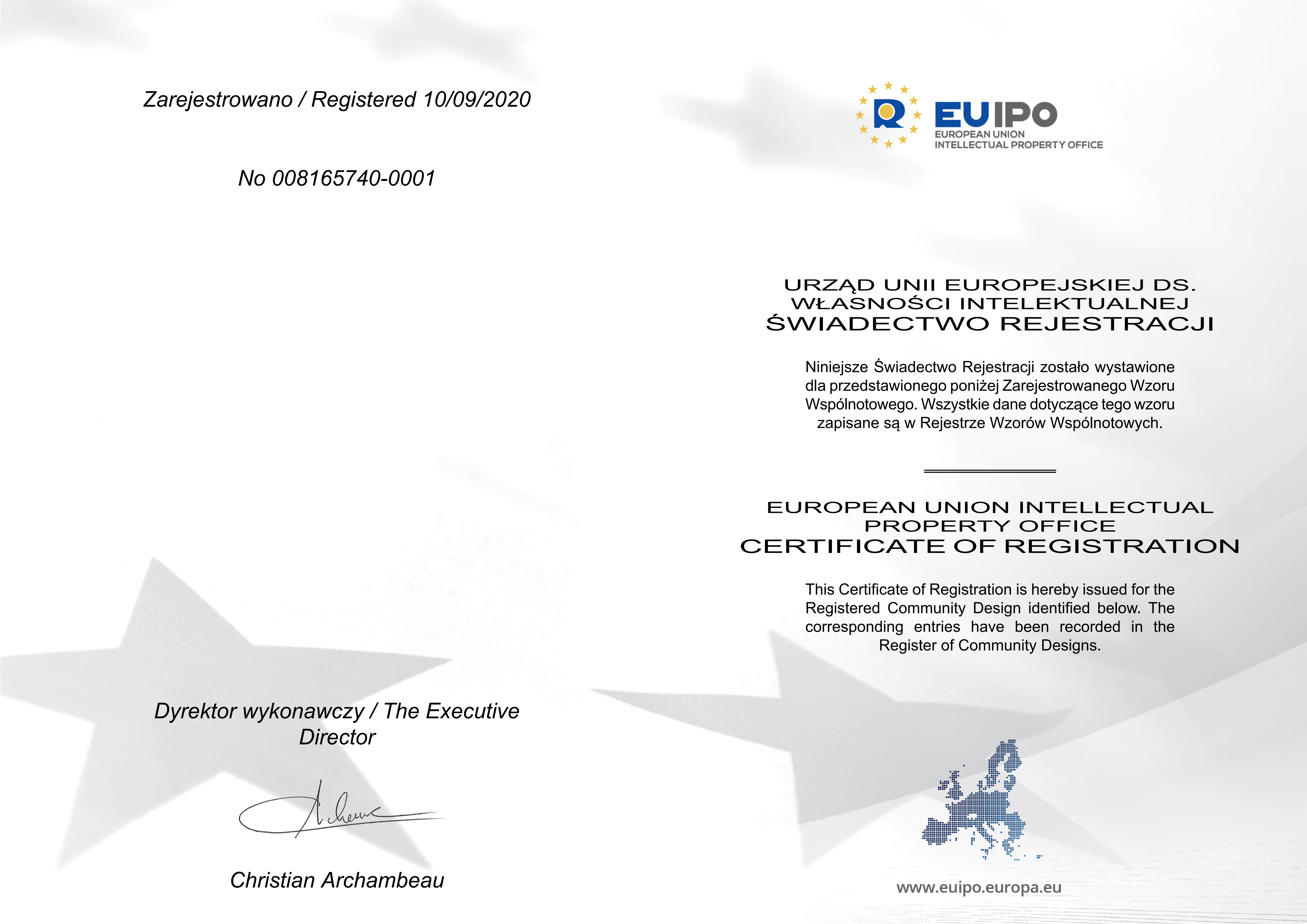 EUROPEAN UNION COMMUNITY DESIGN CERTIFICATE OF REGISTRATION