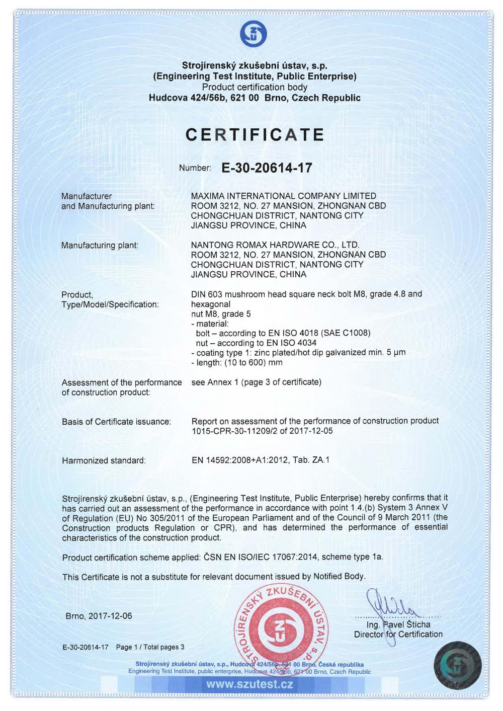 EN14592 CE CERTIFICATE DIN603