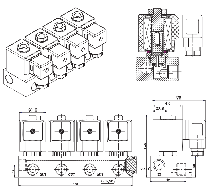 Válvula solenoide de acero inoxidable montada en colector 1/4 '' 3/8 '' 1/2 '' 24V 220V 0