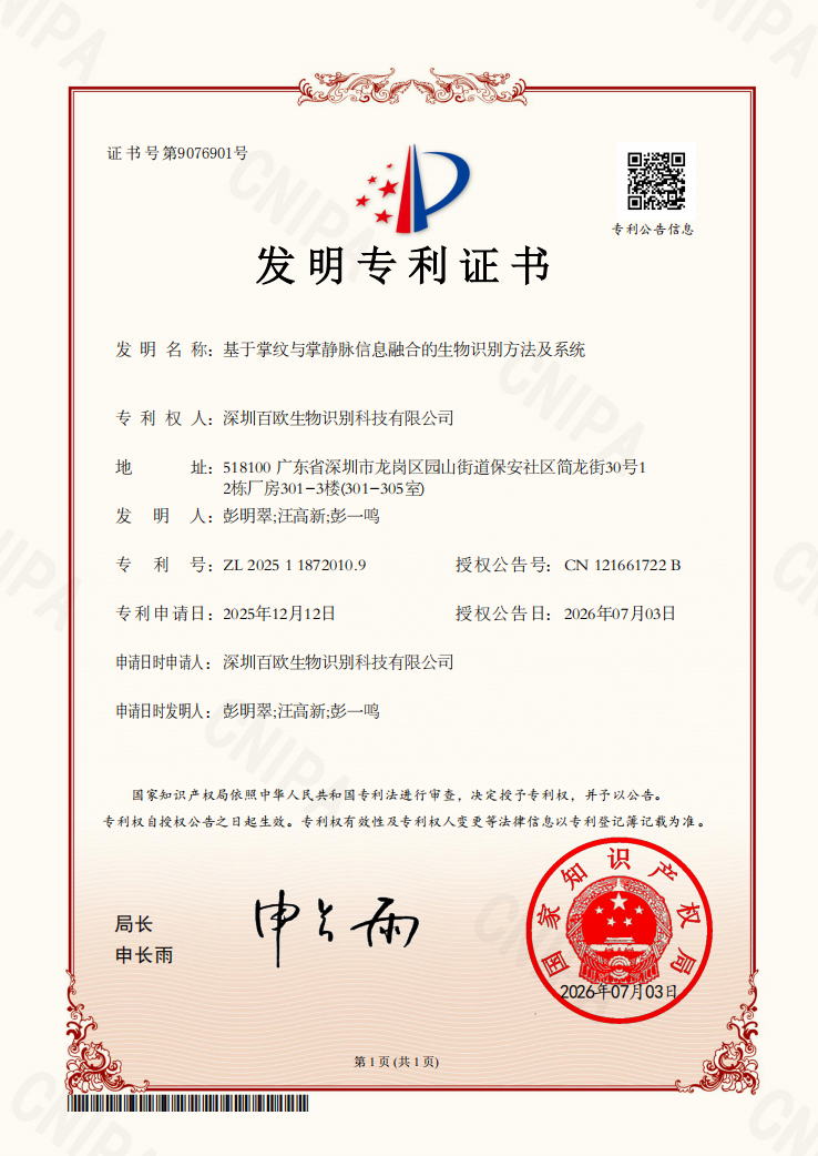 基于掌纹与掌静脉信息融合的生物识别方法及系统发明专利证书