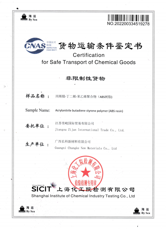 Certificate for Safe Transport of Chemical Goods