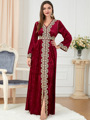 مراکشی Kaftan دبی لباس جلو باز زنانه روبان طلایی آستین گشاد مسلمان ترکیه لباس عربی مخمل1