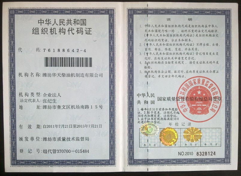 Organization Registration Code Certificate