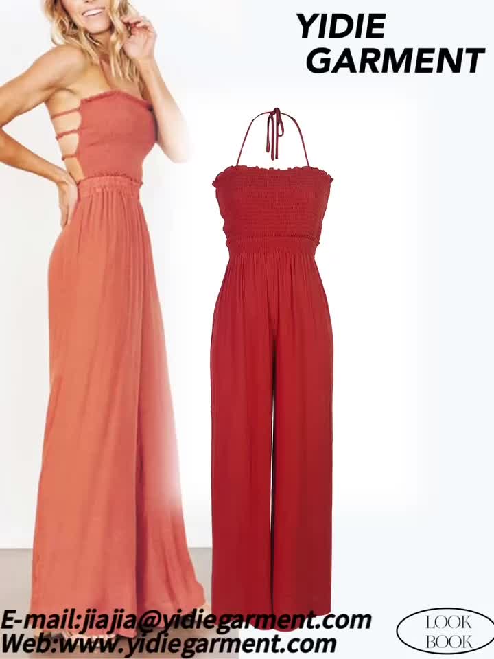 Cheesecloth Shirred Open Back Maxi Jumpsuit