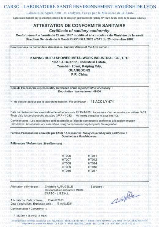 ATTESTATION DE CONFORMITE SANITAIRE