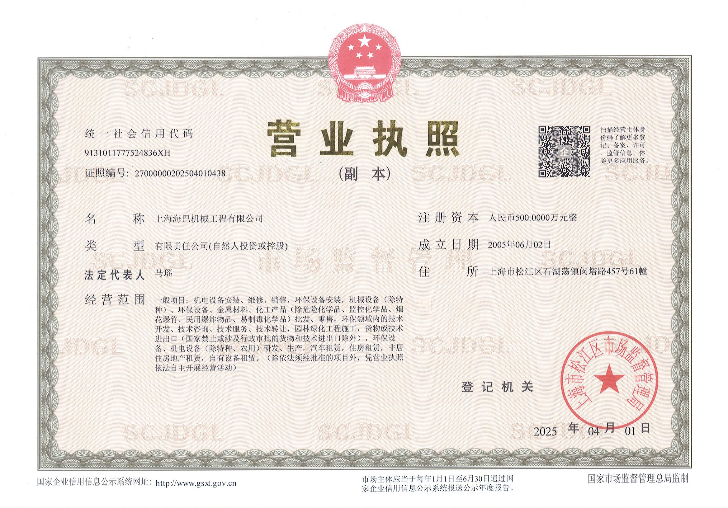 Business license of enterprise