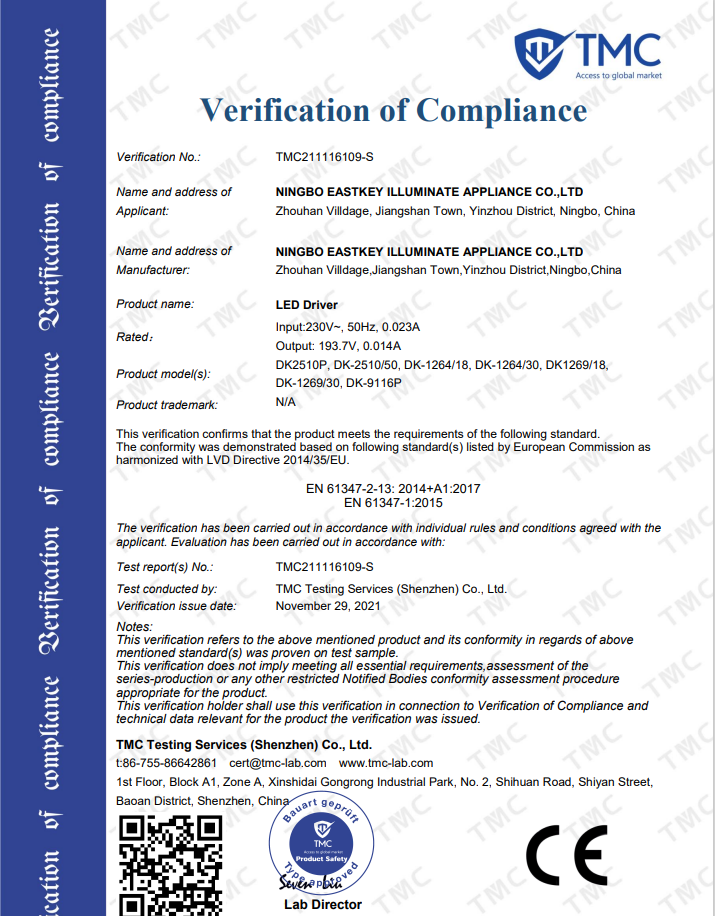 Mirror Light TUV certificate