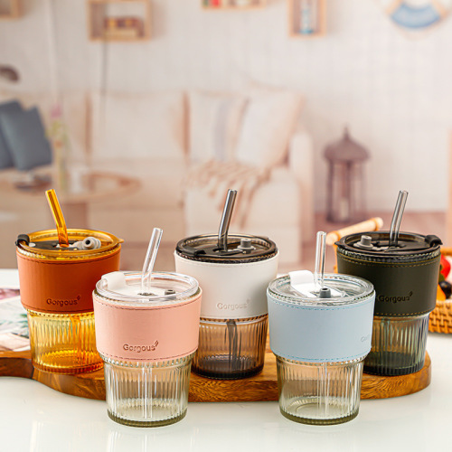 Vertical bamboo cup with lid high appearance horizontal straw glass net red gift cup office coffee cup