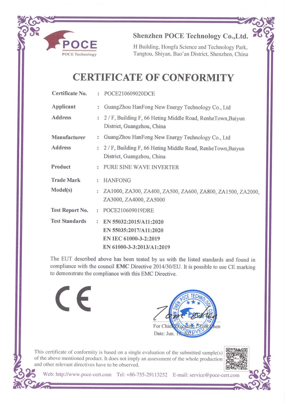 CERTIFICATE OF CONFIRMITY