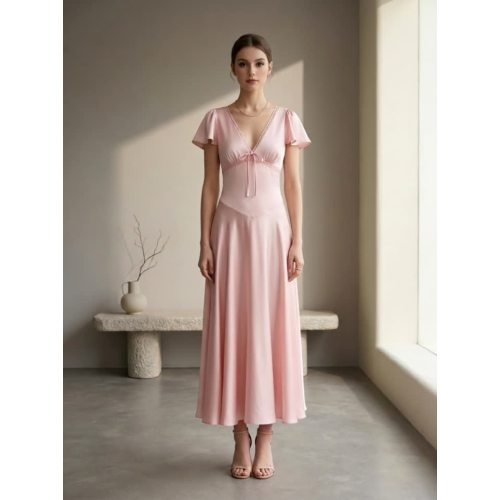 Abito midi rosa con scollo a V