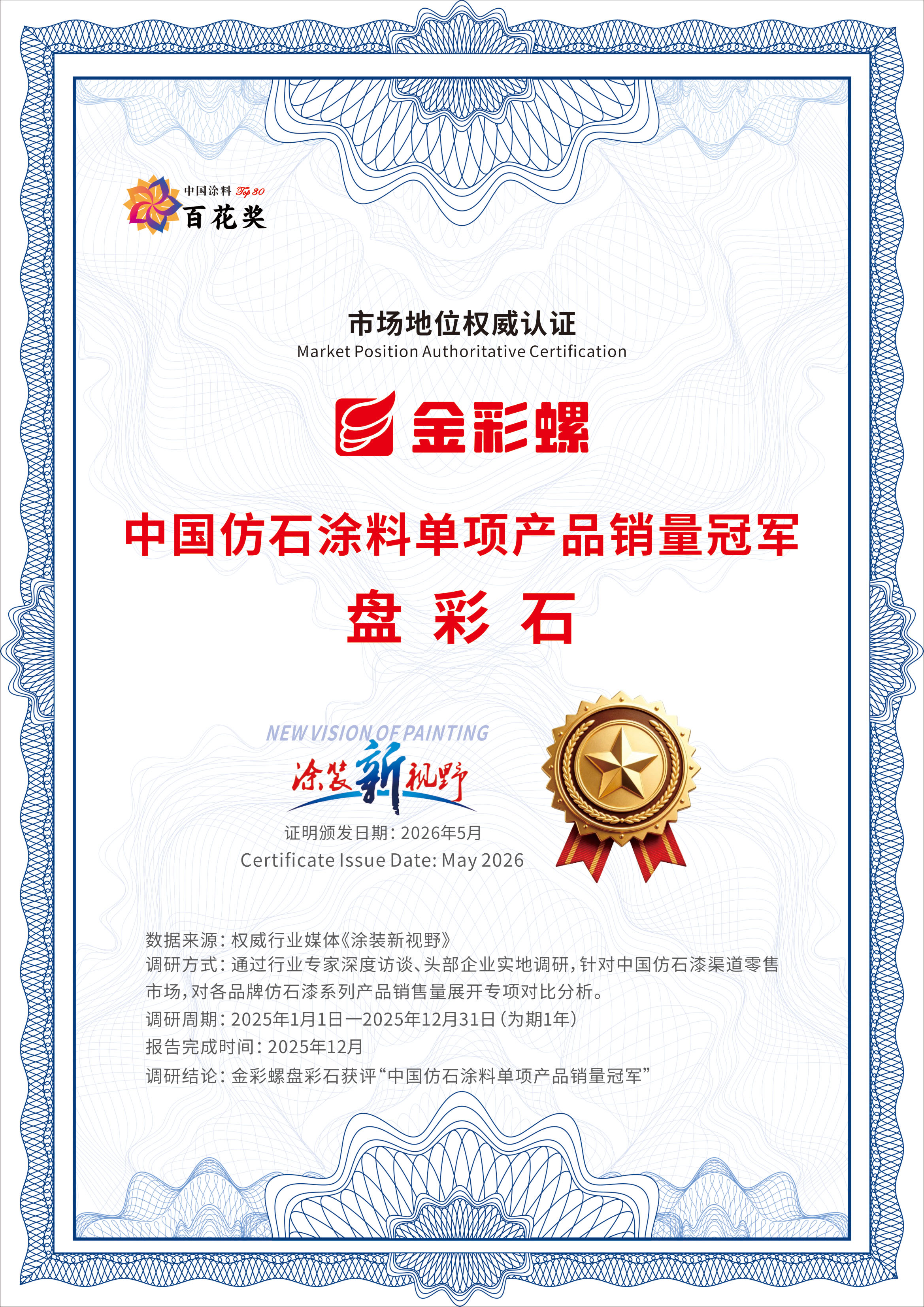 Authoritative Certificate of Market Position - China's Single Product Sales Champion of Imitation St