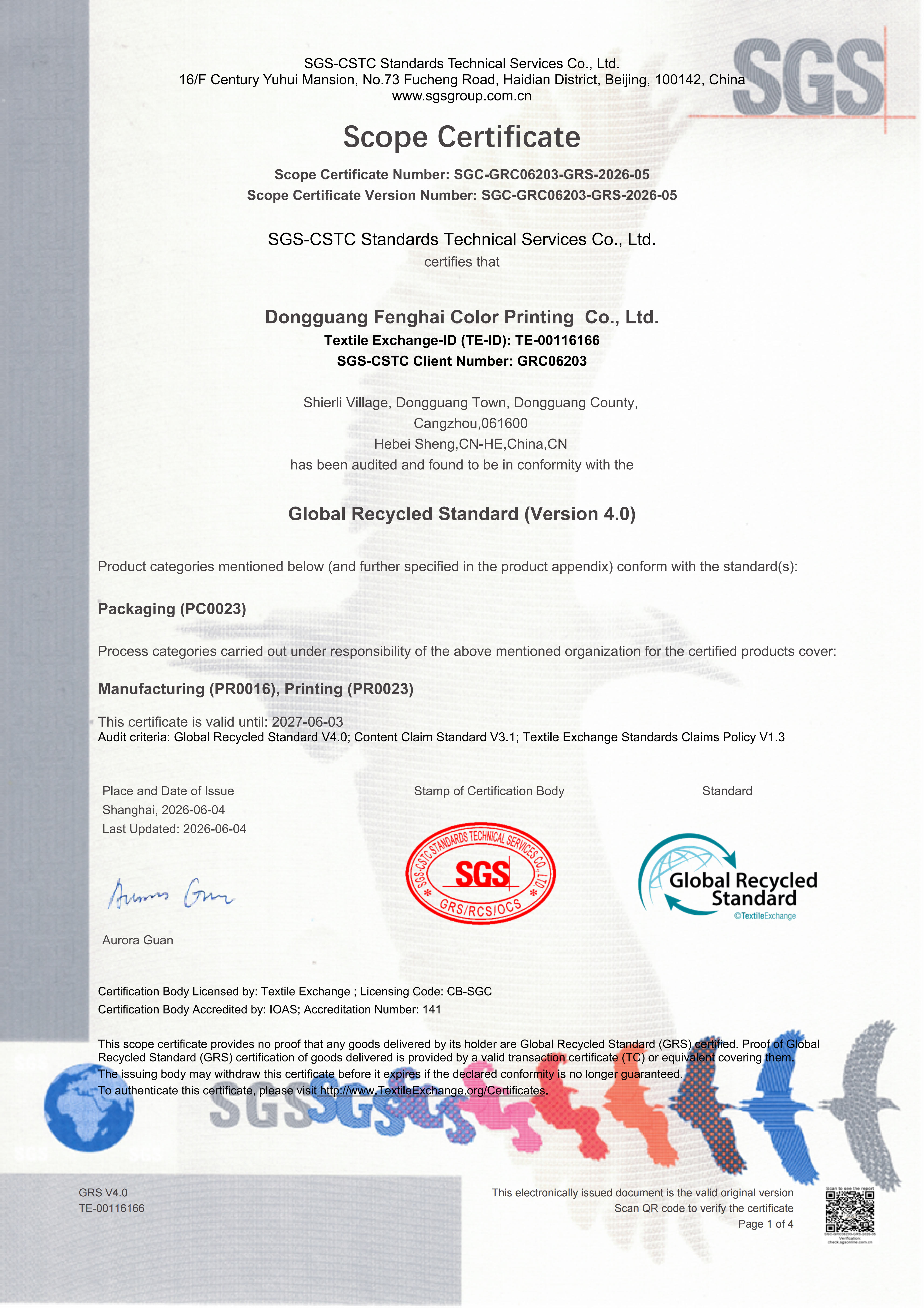 Global Recycled Standard Scope Certificate
