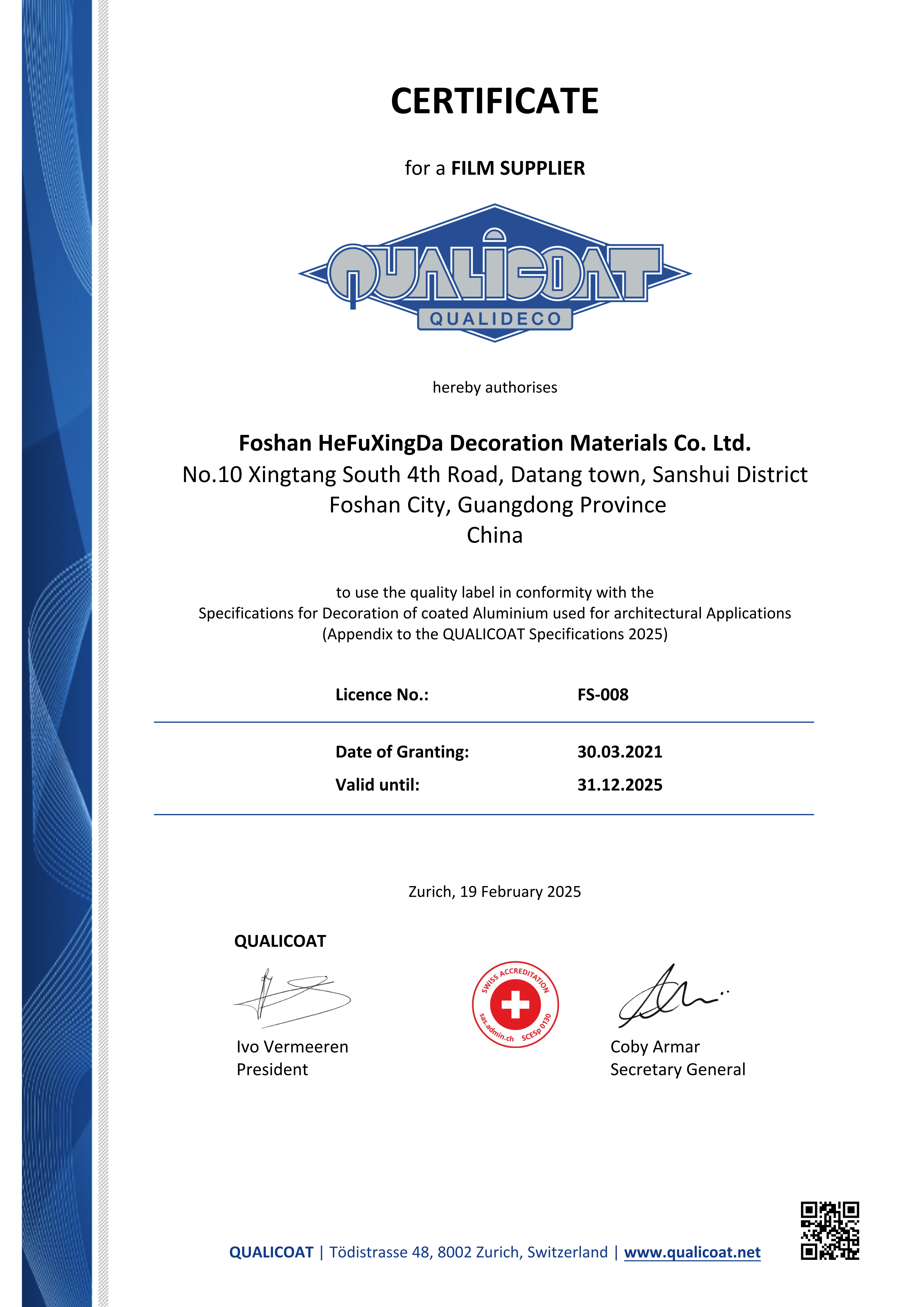 QUALICOAT / QUALIDECO Certificate