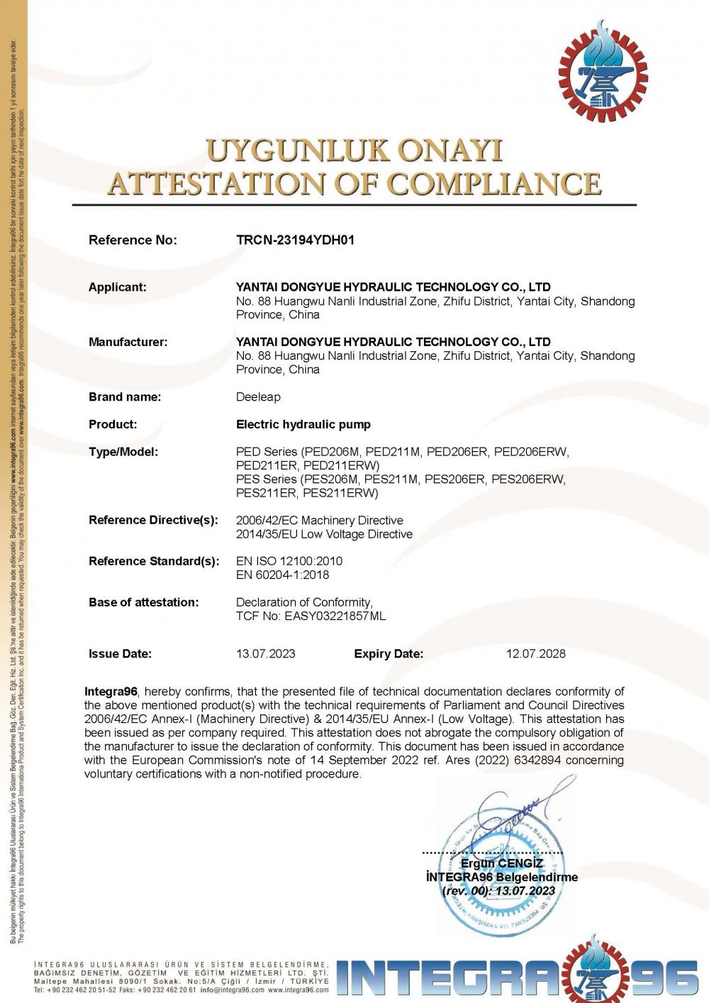 CE certificate of hydraulic pump