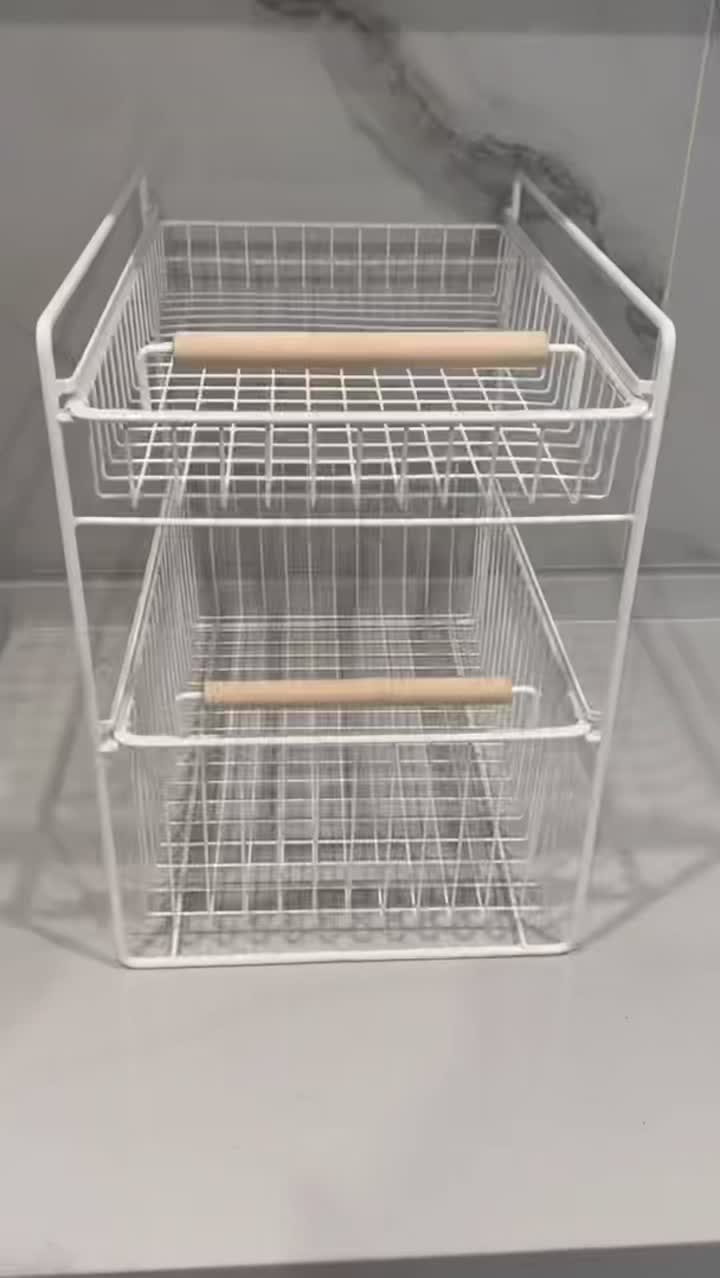 Rack de armazenamento extraível de camada dupla com alça de madeira