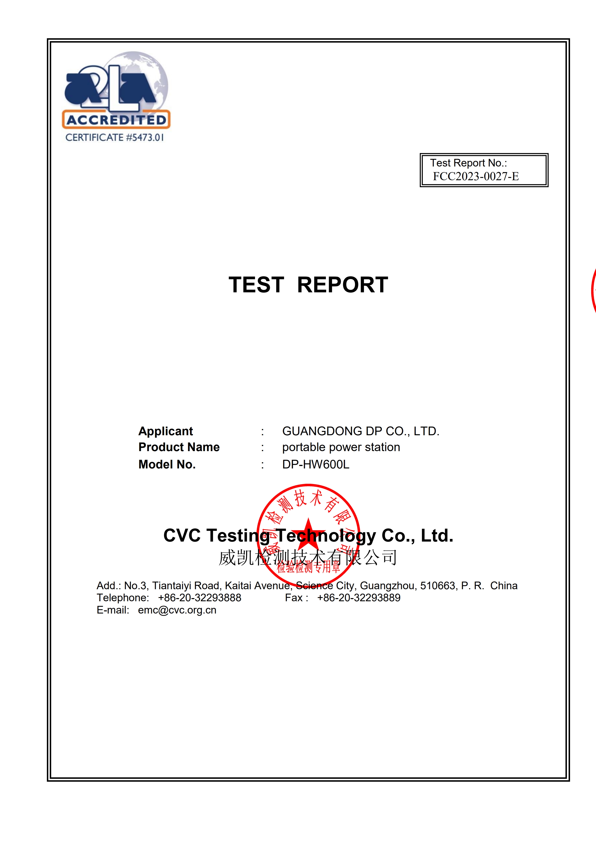 FCC Certificate of Portable Power Station DP-HW600L