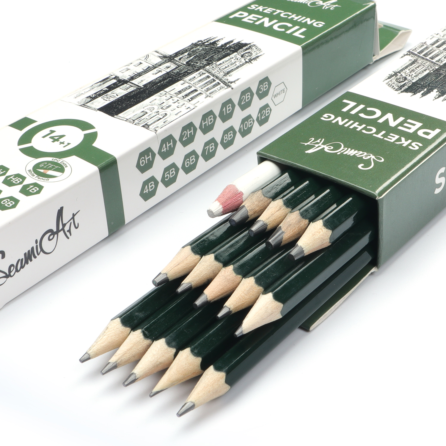 Seamiart 14pcs/مجموعة 6H-12B الرسم الفني القياسي رسم أقلام الرصاص الخشبية مع 1PC