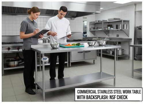 Commercial Stainless Steel Work Table with Backsplash: NSF Check