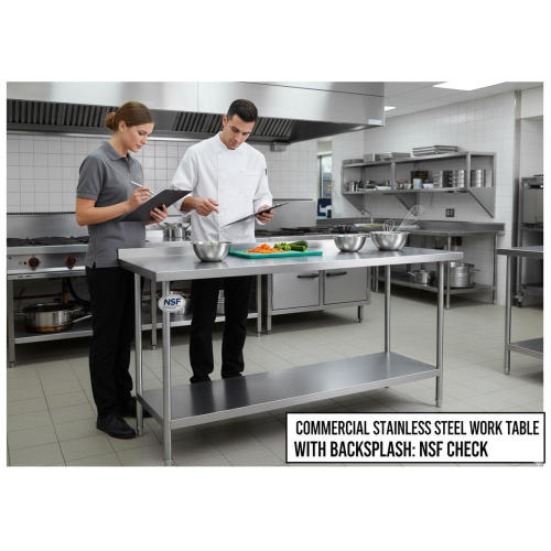Commercial Stainless Steel Work Table with Backsplash: NSF Check