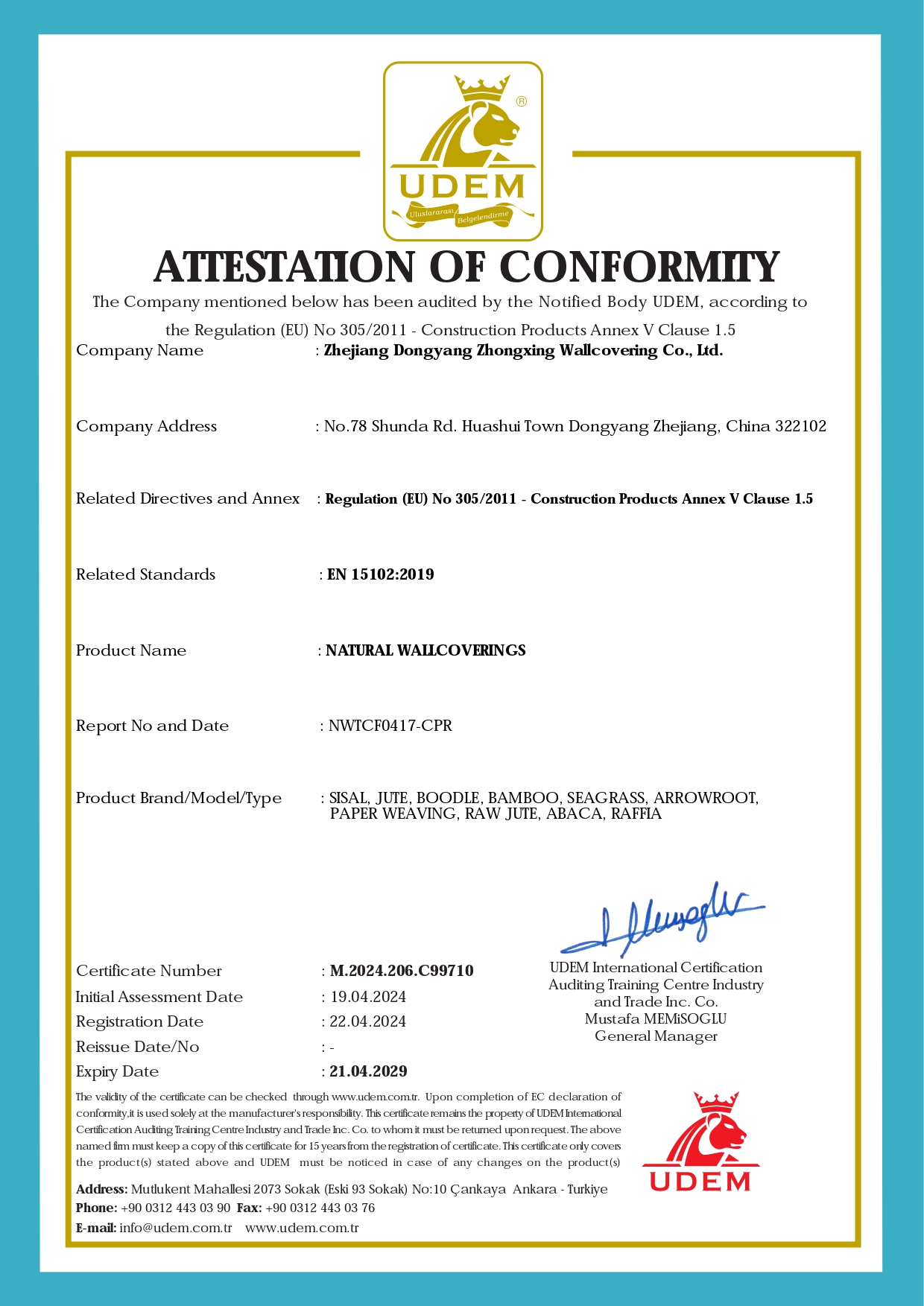 ATTESTATION OF CONFORMITY