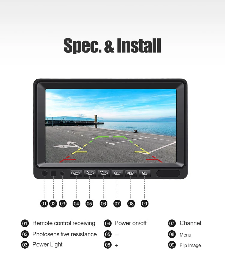 Monitor con cable de 7 pulgadas, sistema de cámara de respaldo con cable, vista trasera, cámara de pautas de estacionamiento