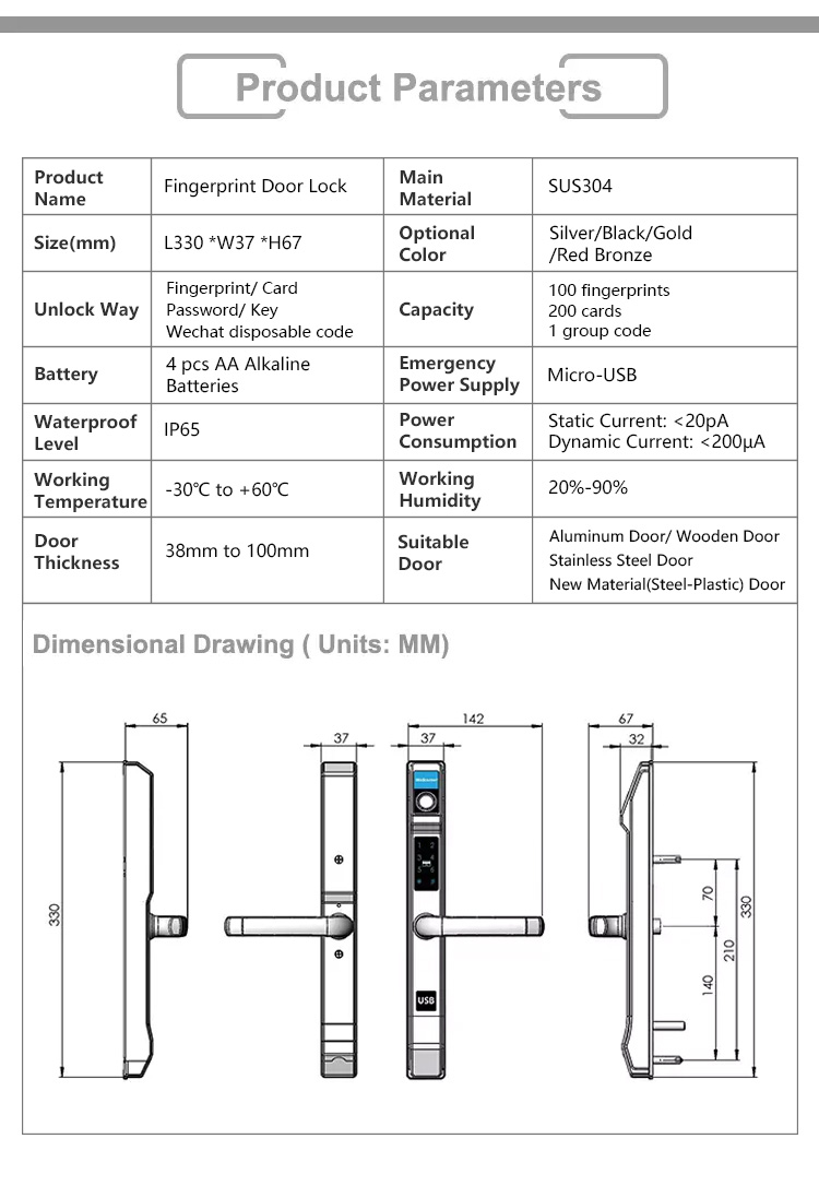 SUS304 Smart Door Lock Parameters