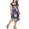 Super Plus Size Γυναίκες Γυναίκες λουλουδιών Φορέματα μέσης πολυεστέρα Κόμπο Κόλπο Curved Hem Φόρεμα1