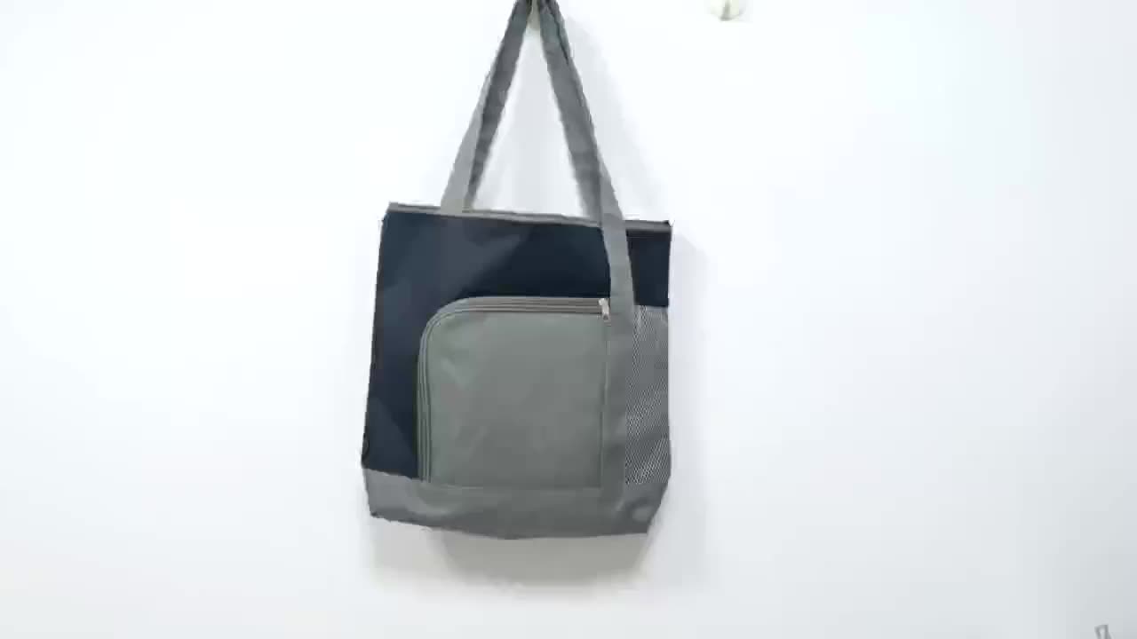 Trade show two tones rpet bottle 600d recycled oxford rpet handle tote shopping bag with side mesh pocket1