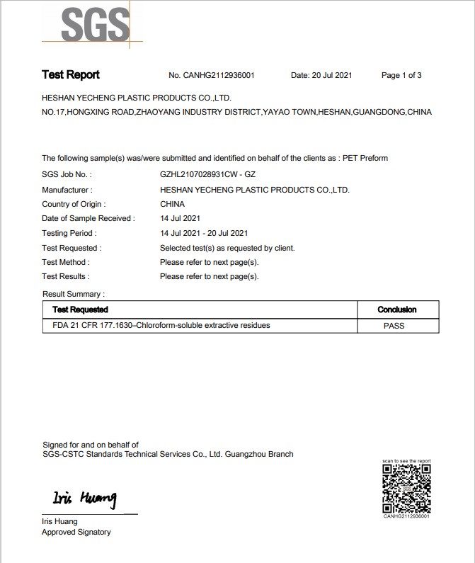 PET PREFORM FDA CERTIFICATION