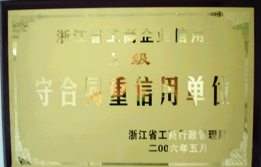 A-Class Contract-Abiding and Credit-Valuing Entity of Zhejiang Provincial Industrial and Commercial 