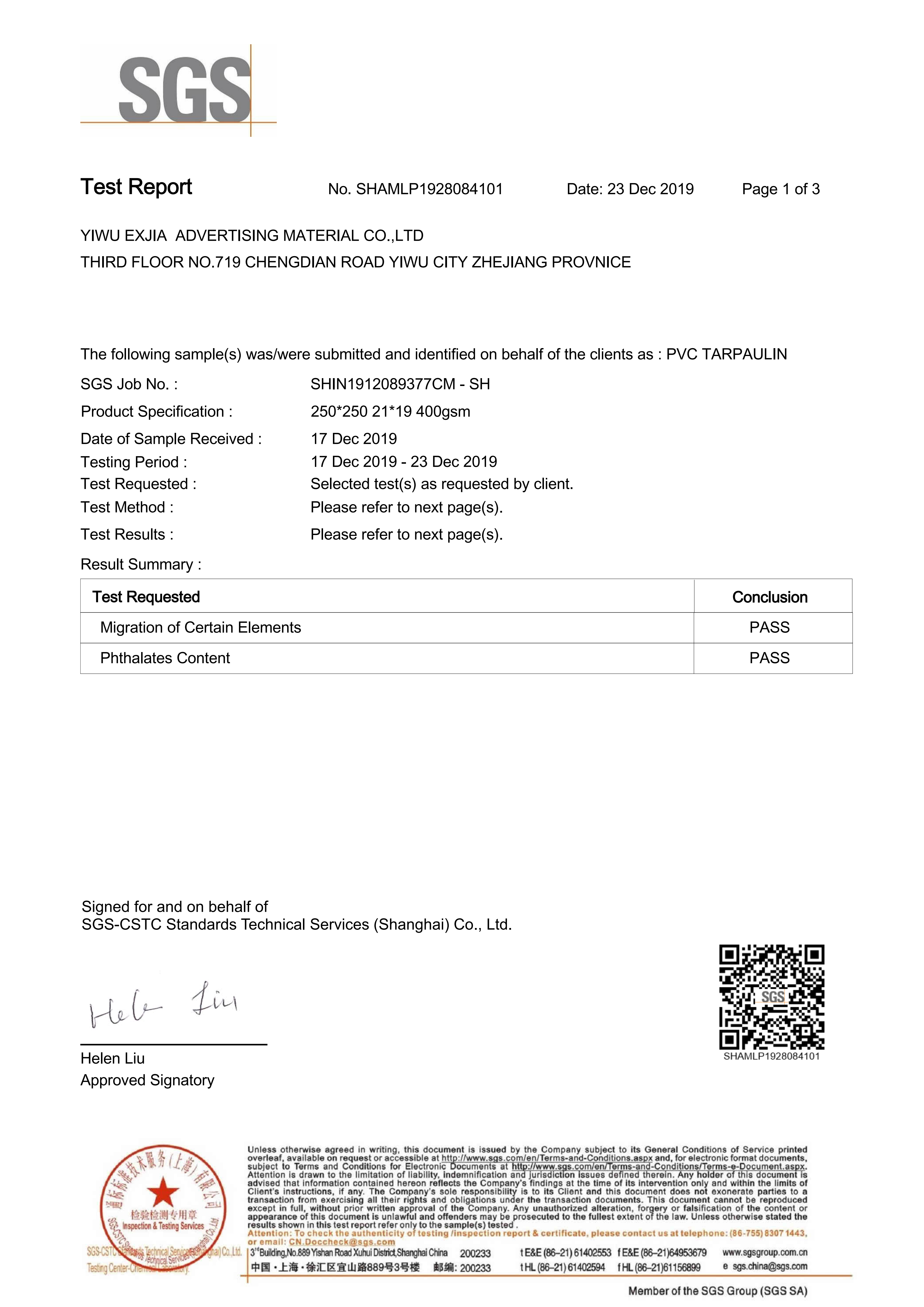 PVC TARPAULIN Test Report