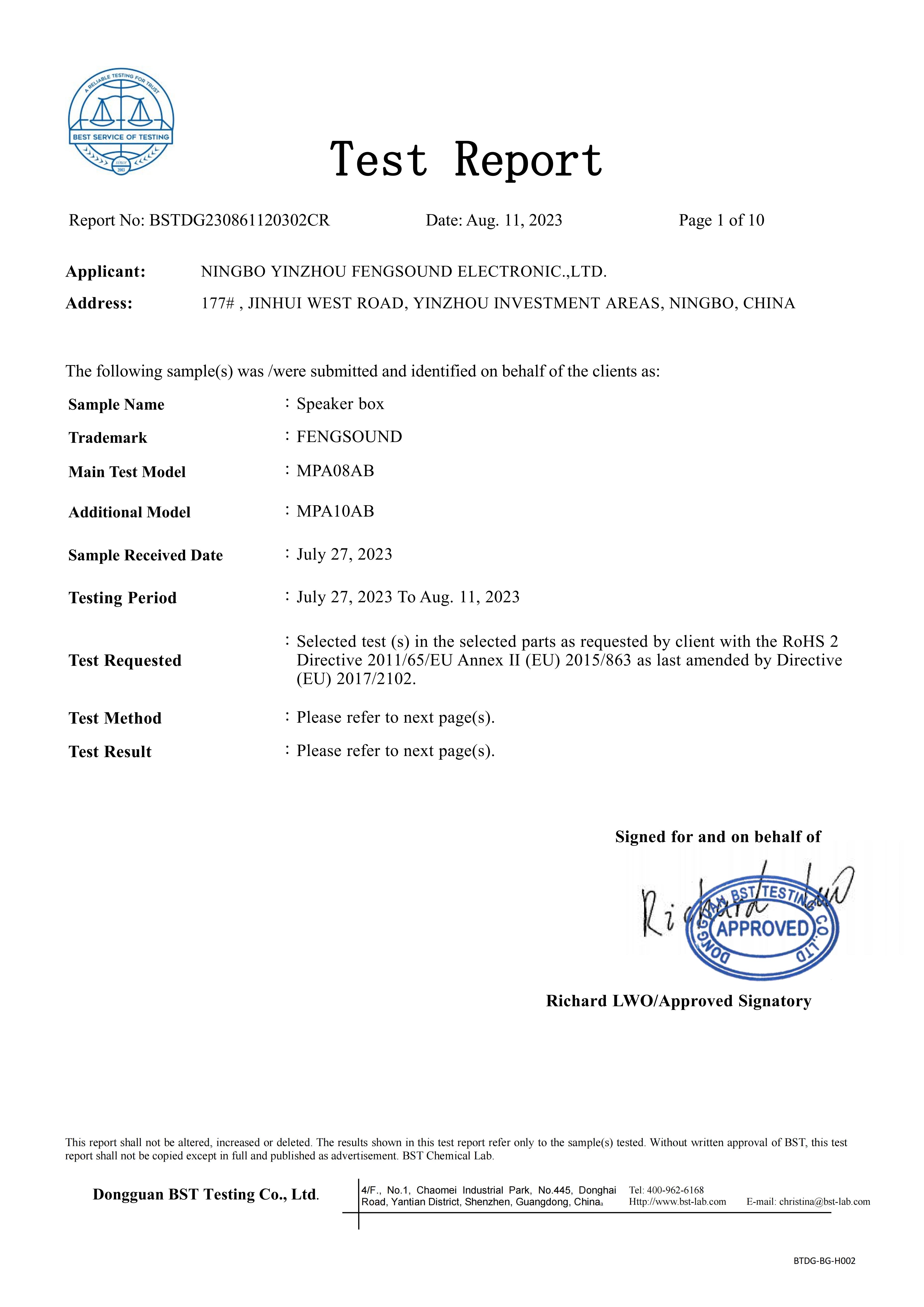 Audio MPA08AB ROHS Report