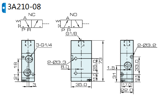 3A210-08 Airtac Typ Single Air Pilot Pneumatikventil 3/2 Weg 0