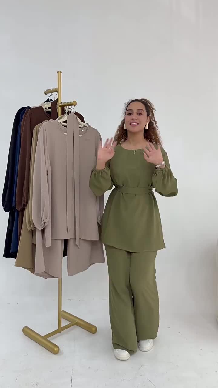 ست کتان دو تکه آبایا با کمربند لباس راحتی (1)