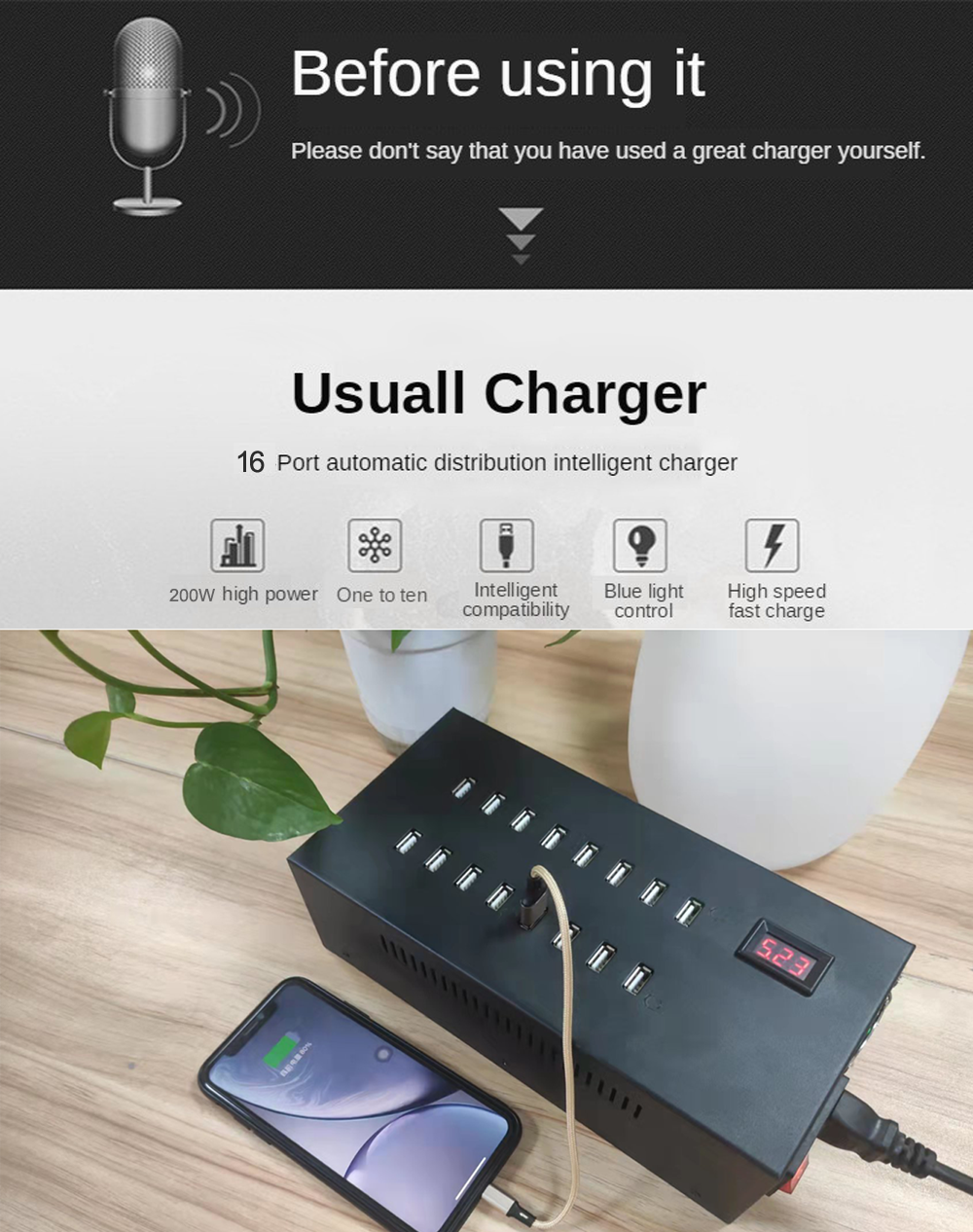 Excellent 16-port smart USB charger