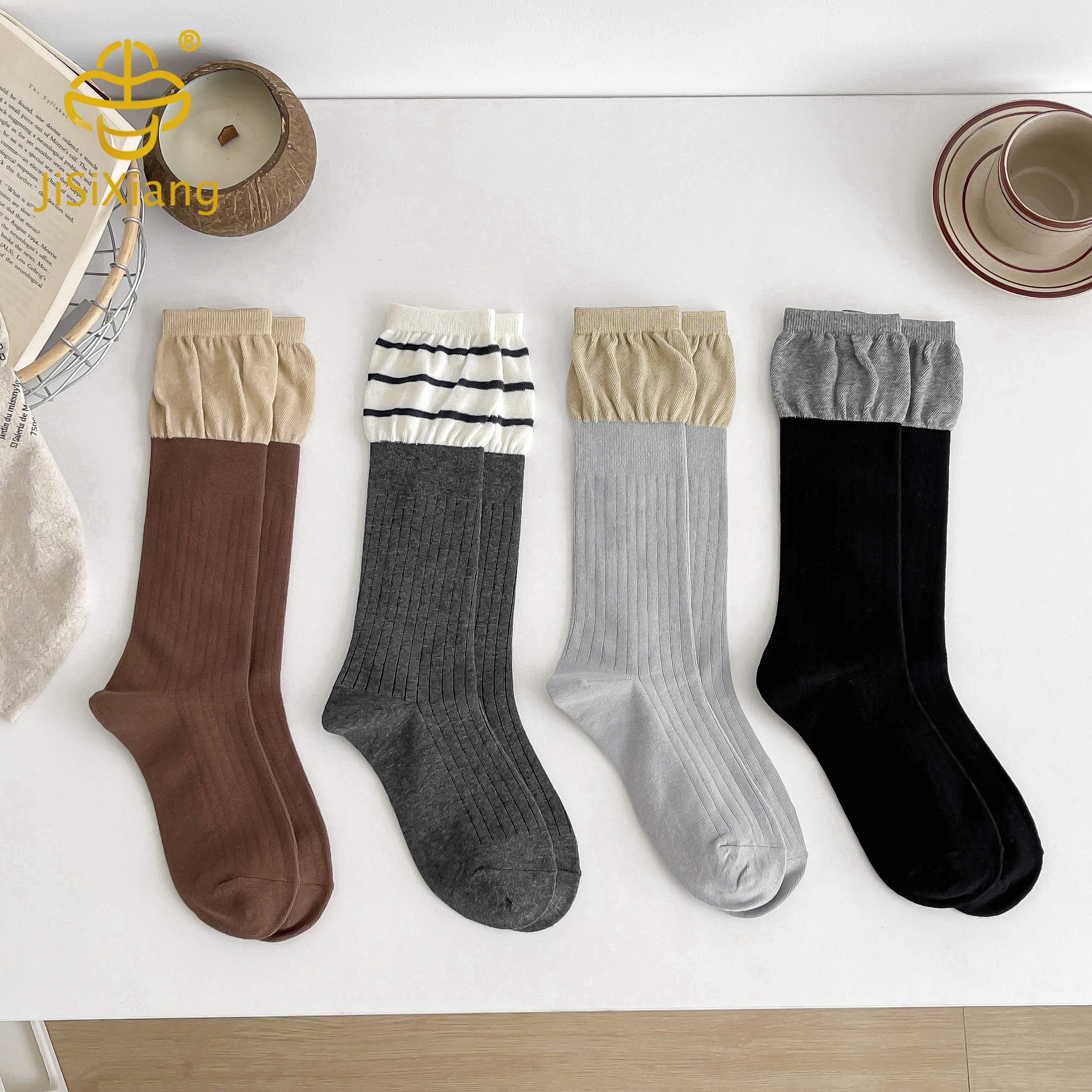 한국 버전 2 컬러 스 플라이 싱 가짜 2 피스 하이 튜브 양말 파일 양말