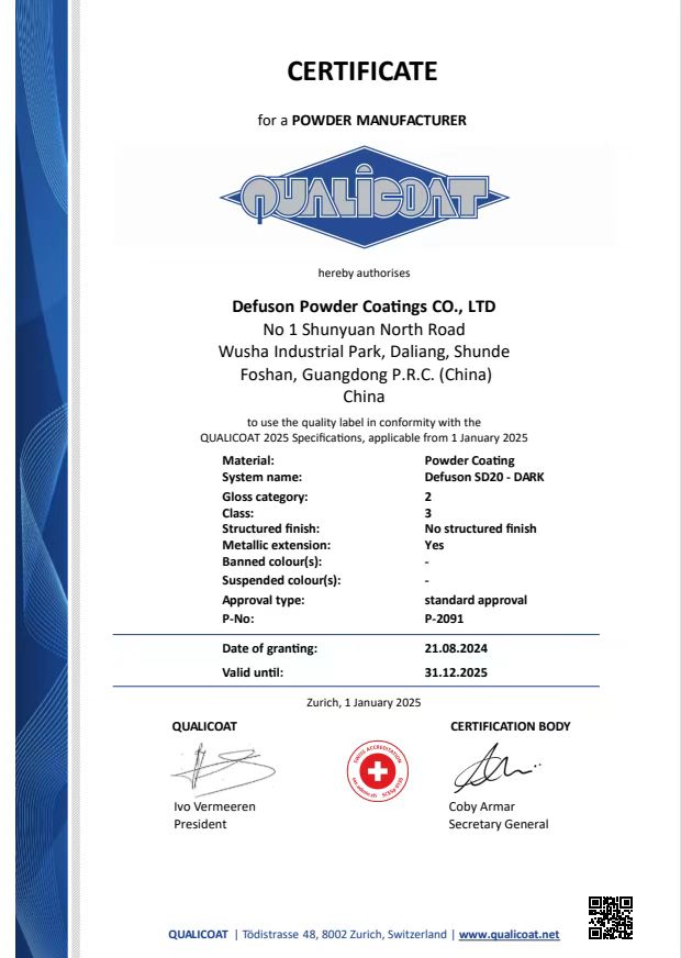 QUALICOAT certificate for Defuson powder coatings