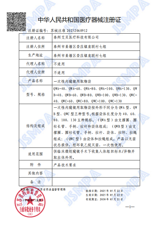 Medical Device Registration Certificate of the People's Republic of China