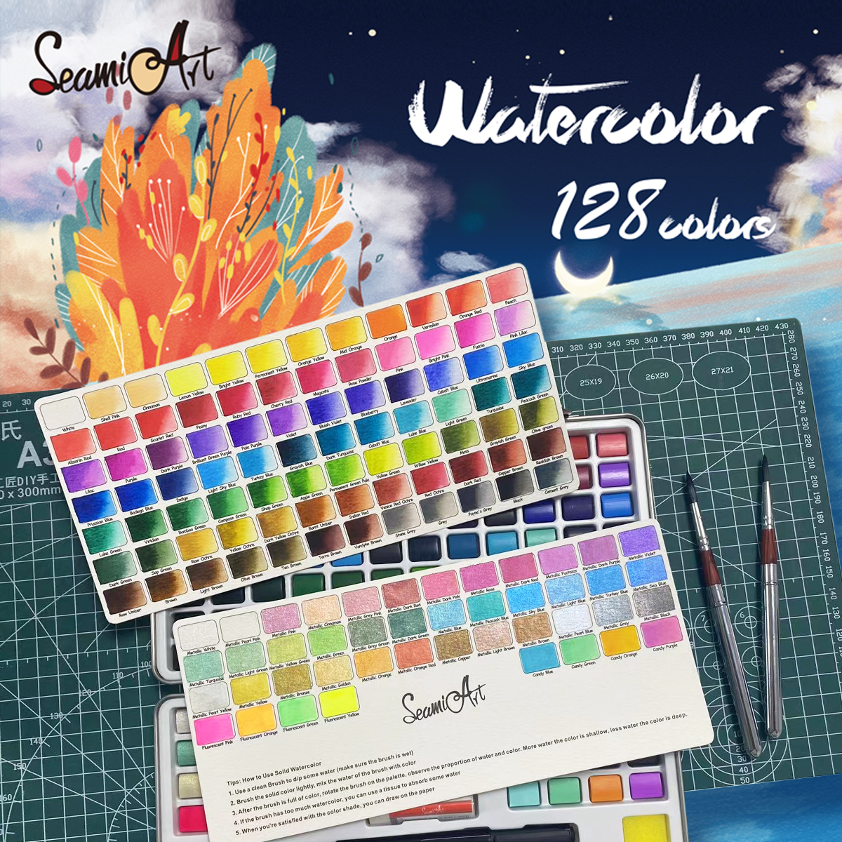 128 colors watercolor paint set, pearlescent & fluorescent colors, all-in-one watercolor kit