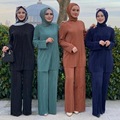 تاپ و شلوار مسلمان معمولی زنانه عرب ست دو تیکه لباس چین دار قومی اسلامی دبی روسری شیک ترکی روفله Abaya Robe1